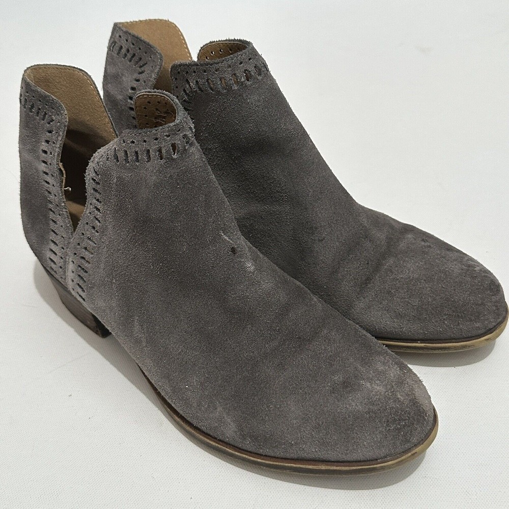 Lucky Brand Bustina Ankle Boots Women Size 10 Steel Gray Suede Cut Out Heeled